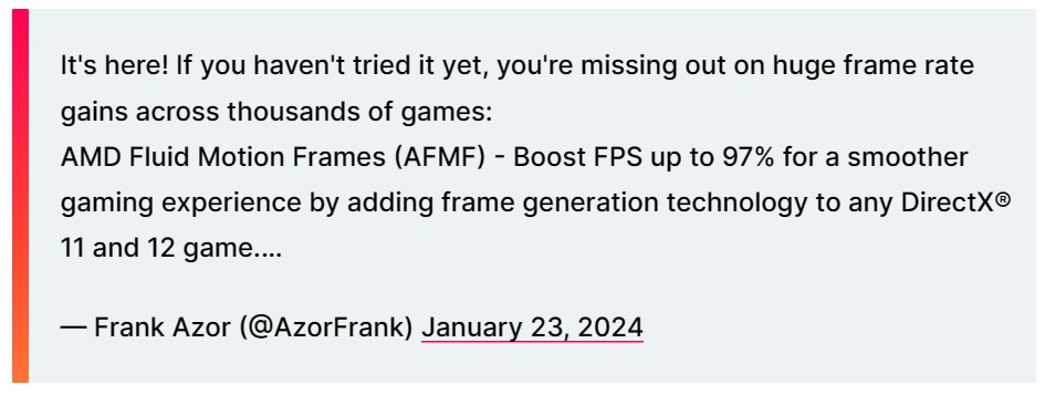 AMD帧生成技术AFMF正式发布:号称1080P性能提升97%，1440P提升