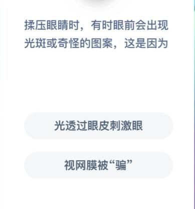 揉压眼睛时，有时眼前会出现光斑或奇怪的图案，这是因为蚂蚁庄园2021年1月4日答案最新版