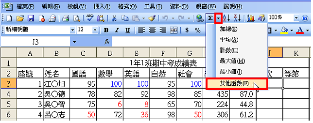 Excel 2003 计算考试成绩的名次和等第