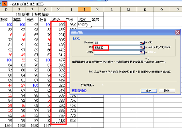 Excel 2003 计算考试成绩的名次和等第