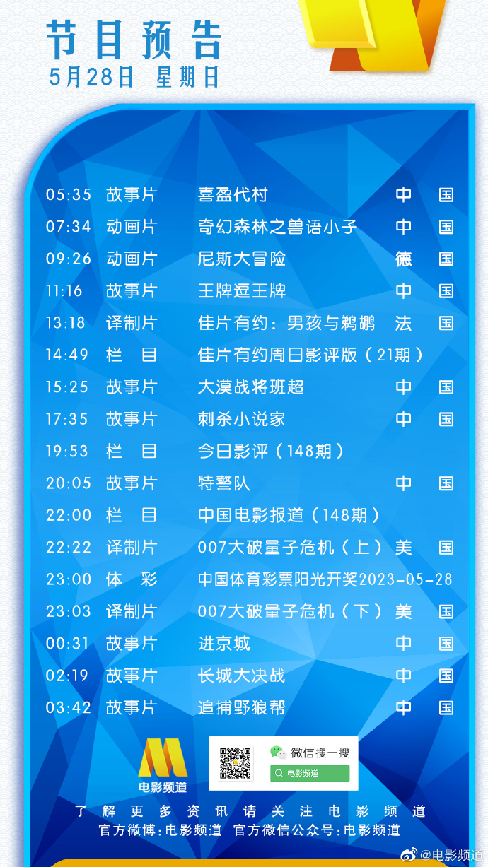 电影频道节目表5月28日CCT56电影频道节目单2023.5.28