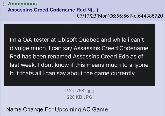 疑似育碧QA爆料：《刺客信条:代号RED》更名为