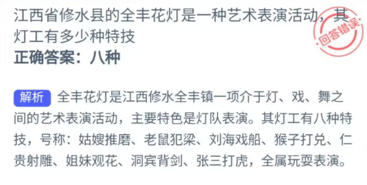 江西省修水县的全丰花灯是一种艺术表演活动其灯工有多少种特技