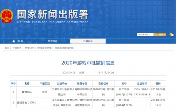 国家新闻出版署撤销雷霆舰队和最强王者两款游戏的版号