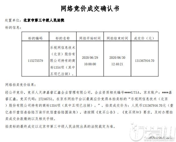 乐视网:1354项已于今日中午以1.31亿元成交