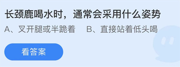 蚂蚁庄园：长颈鹿喝水时通常会采用什么姿势