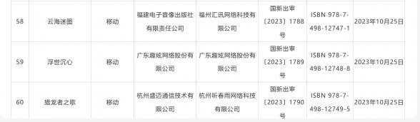 国家新闻出版署公布“2023年10月份国产网络游戏审批信息