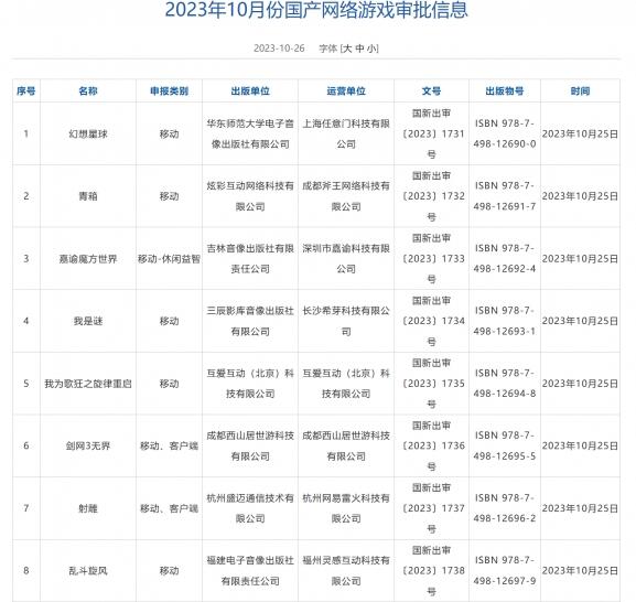 国家新闻出版署公布“2023年10月份国产网络游戏审批信息