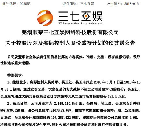 三七互娱实控人拟减持不超6%股份或导致控制权变更