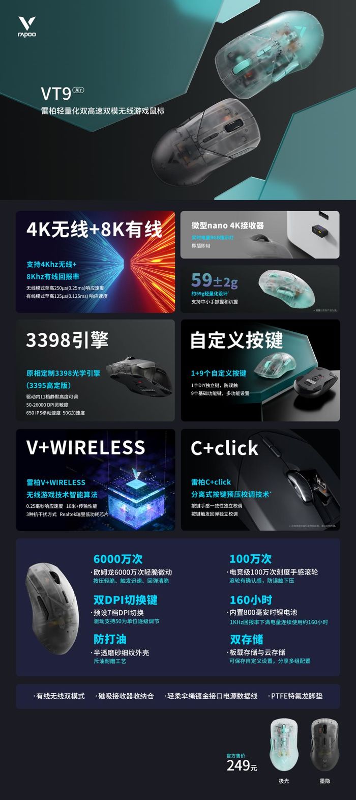 4K无线8K有线，微型nano4K接收器，雷柏VT9Air双模无线游戏鼠标上市